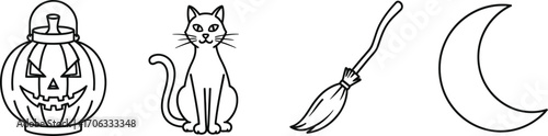 Halloween icons featuring a pumpkin black cat broom and crescent moon design