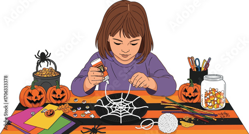 Little girl crafting a spider web on a plate for halloween decorations at home