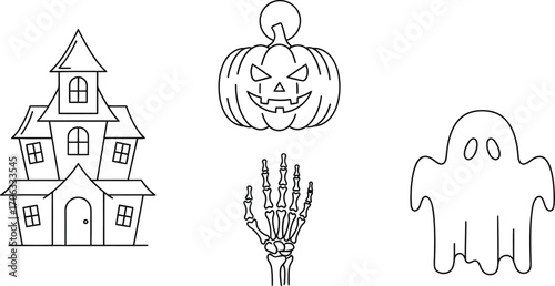 Spooky halloween icons featuring a haunted house pumpkin skeleton hand ghost