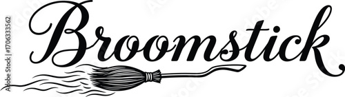 Elegant broomstick design with flowing script for halloween themed decorations