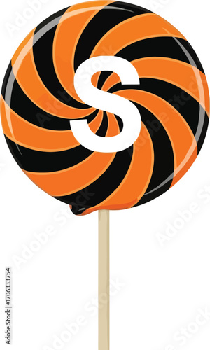 Halloween lollipop with orange and black swirl and the letter s in the center