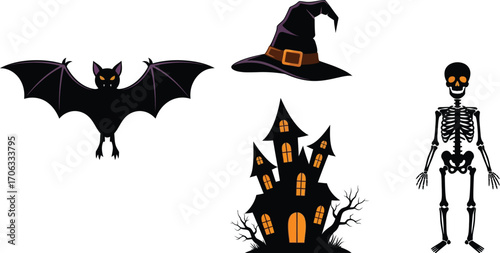Spooky halloween elements including a bat witch hat haunted house and skeleton