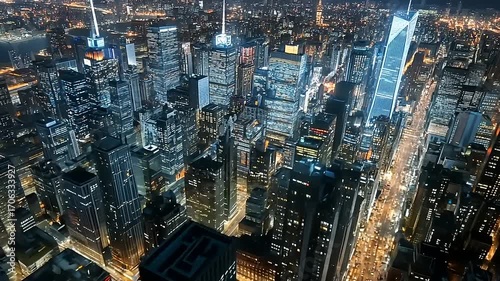 Aerial view of a vibrant city skyline at night, showcasing illuminated skyscrapers and bustling streets (2)