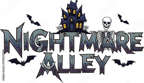 Nightmare alley logo with haunted house skeleton and bats on a white background