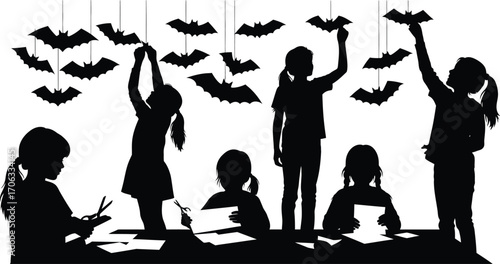 Children crafting halloween decorations with bats in a silhouette illustration