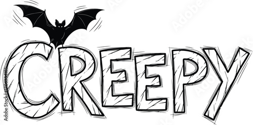 Spooky bat flying over the word creepy for halloween themed designs and crafts
