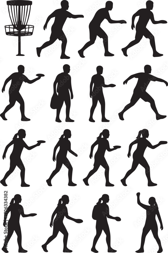 Naklejka premium Disc Golf Silhouette Set of Players and Baskets Male and Female Disc Golfer Action Poses, Throwing, Putting, Running, Sports Icons and Outdoor Game Symbols for Design and Illustration