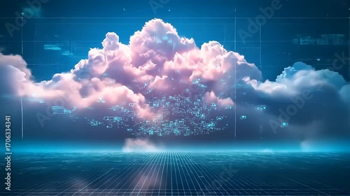 Digital cloudscape with vibrant pink and blue clouds reflecting on a grid floor in a futuristic setting