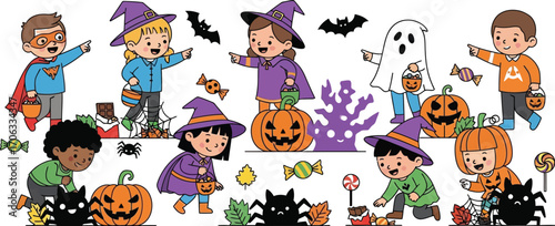 Children in halloween costumes trick or treating with pumpkins and candy vector art