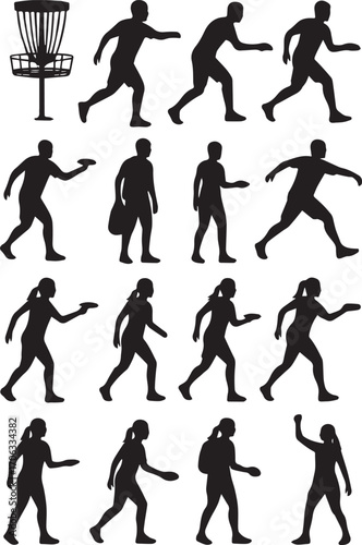 Disc Golf Silhouette Set of Players and Baskets Male and Female Disc Golfer Action Poses, Throwing, Putting, Running, Sports Icons and Outdoor Game Symbols for Design and Illustration