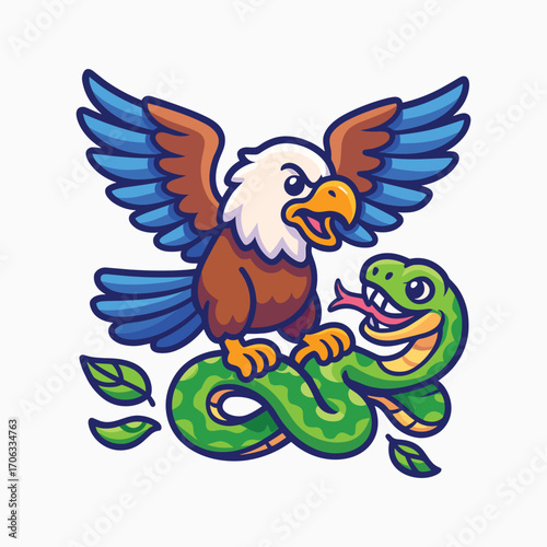 Bald eagle vs snake vector cartoon mascot illustration