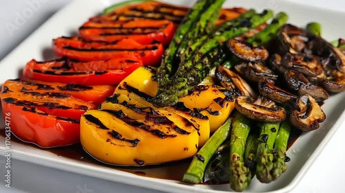 Grilled colorful bell peppers, asparagus, and mushrooms served on a white plate, creating a vibrant dish