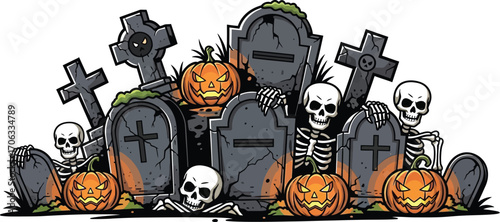 Spooky halloween graveyard scene with skeletons pumpkins and tombstones art