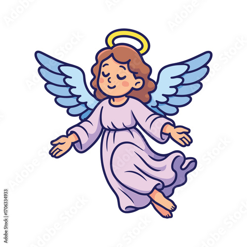 Cute guardian angel with halo and wings vector cartoon illustration