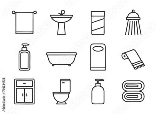 Simple Line Art Bathroom Fixtures and Accessories Illustration for Creative Projects
