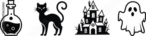Halloween icons featuring a potion black cat haunted house and a ghost
