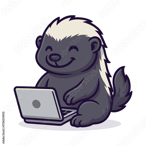 Cute honey badger using a laptop vector cartoon mascot