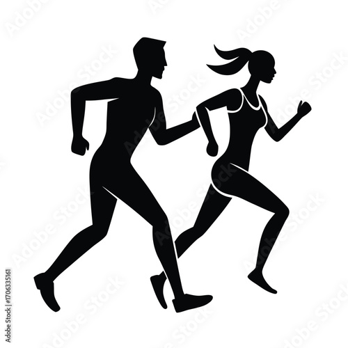 Male and Female Running Silhouette, Athletic Couple Silhouette, Fitness Jogging Silhouette, Running Partners Silhouette, Sprinting Duo Silhouette