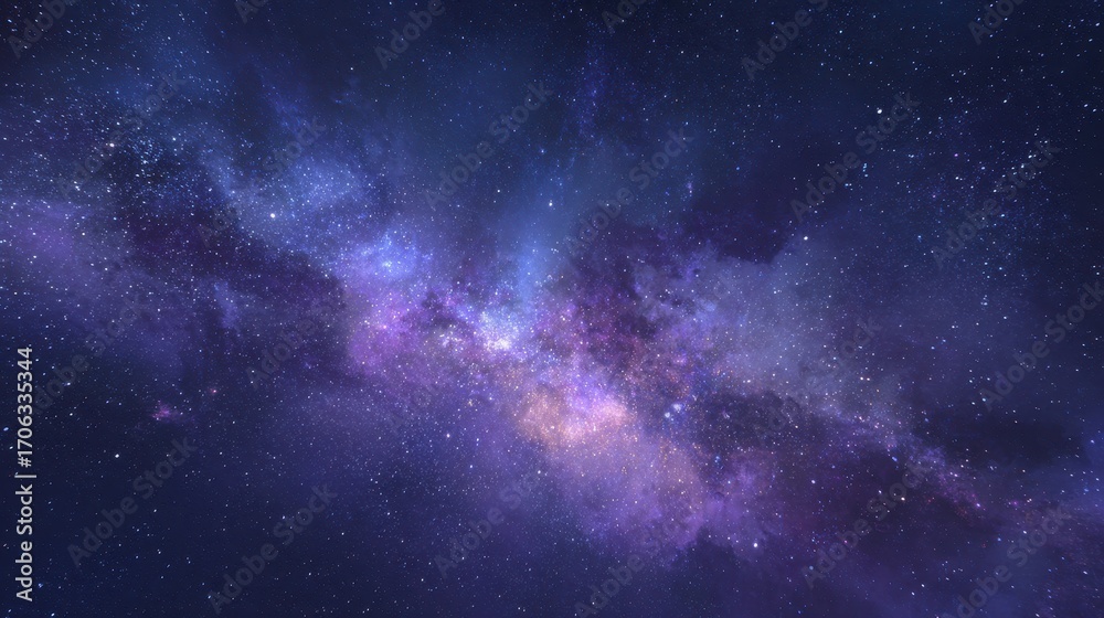 Naklejka premium Luminous Purple and Blue Nebula Swirling Through a Starry Deep Space.