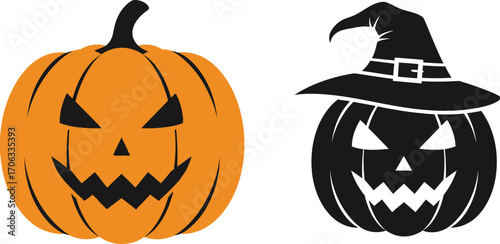 Halloween pumpkins with scary faces one wearing a witch hat in black and white