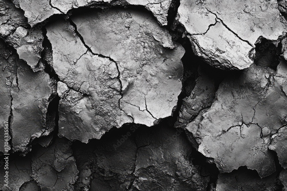Obraz premium Close-up of cracked, dark earth; dry, arid land texture.
