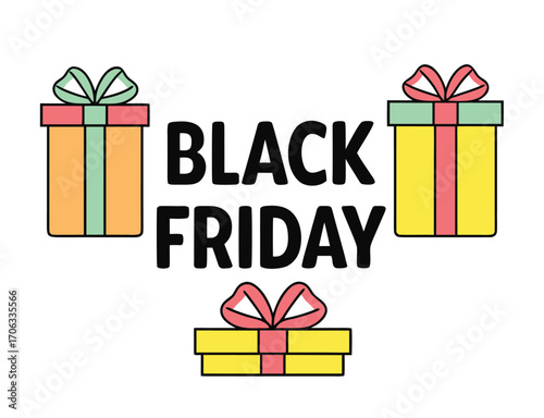 Colorful Black Friday Advertisement with Cartoon Gift Boxes on White Background