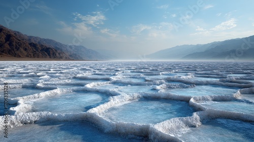 Hexagonal Salt Formations on a Vast Salt Flat Under a Blue Sky