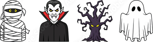 Cartoon halloween characters including mummy vampire tree monster and ghost