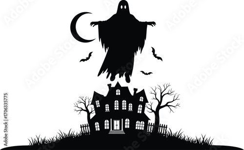 Spooky halloween ghost hovers over haunted house with bats and a crescent moon