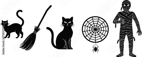 Halloween silhouettes of black cats broom spiderweb and mummy on white 75