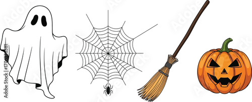 Spooky halloween icons featuring a ghost spiderweb broom and jack o lantern