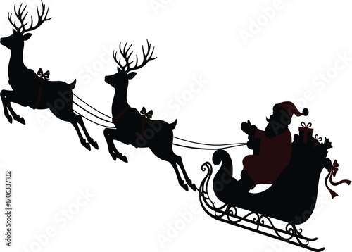 Christmas Santa sleigh silhouette with flying reindeer, holiday gift delivery vector, festive winter scene for seasonal decoration design