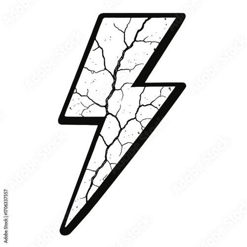 Striking distressed lightning bolt vector graphic featuring an intricate cracked texture, ideal for creating grunge designs, edgy apparel, rock music branding, high-energy visuals, powerful statements