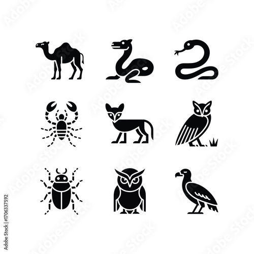 Collection of ancient egyptian hieroglyph animals and symbols silhouette icons isolated