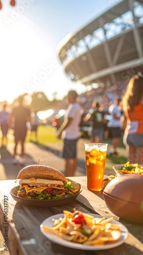 Crowd at a stadium enjoys outdoor food