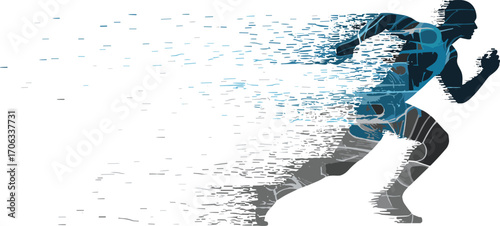 Digital pixel runner illustration, dissolving man running effect, abstract motion speed concept for fitness, technology, and sport vector art content