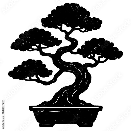 Elegant black silhouette of a traditional Japanese bonsai tree, meticulously styled with a gracefully twisted trunk and artfully arranged lush foliage, symbolizing peace, harmony, and resilience, pres
