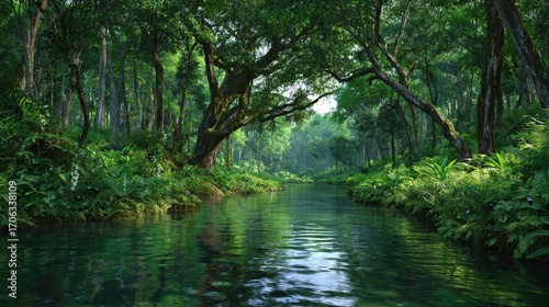 Lush Green Forest River with Sunlight Filtering Through Trees