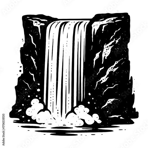 Striking black and white vintage illustration of a powerful waterfall cascading majestically down rugged cliffs, creating a foamy pool below. A timeless depiction of nature's raw force and serene beau