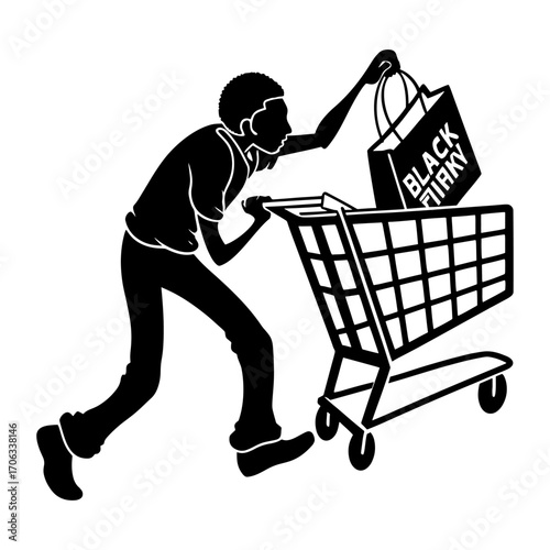 Silhouette of a person with a shopping cart and black friday bags