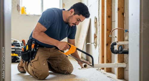 Plumber cutting a PVC pipe with a hacksaw at a construction site. Male contractor working on a home improvement and renovation project. Skilled manual labor concept.