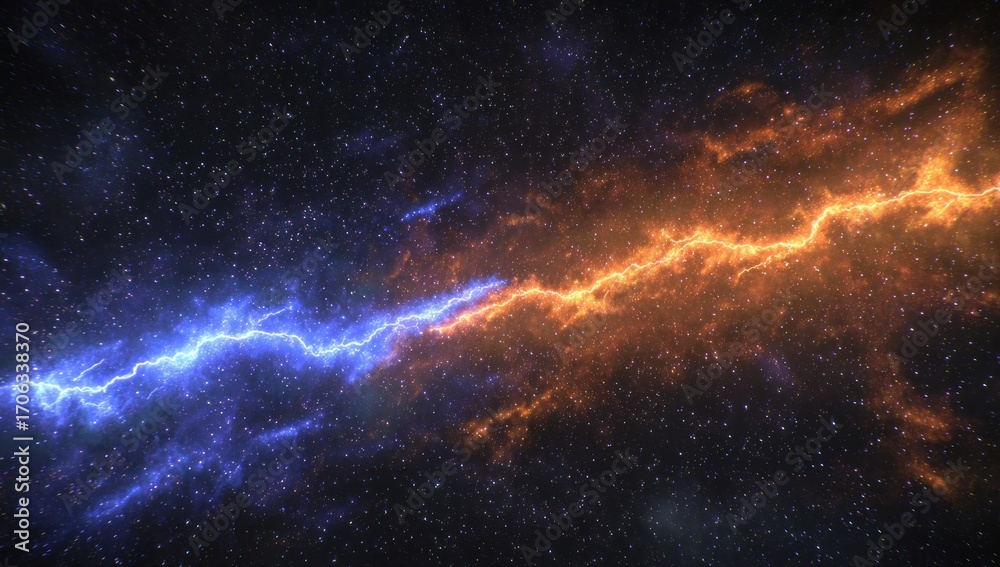 Fototapeta premium A spectacular cosmic scene showcases vibrant blue and orange lightning bolts traversing a vast expanse of starry space.