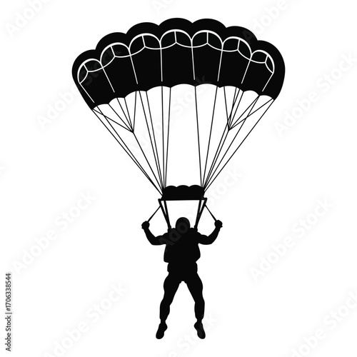 Silhouette of a skydiver descending with a deployed parachute in mid-air silhouette