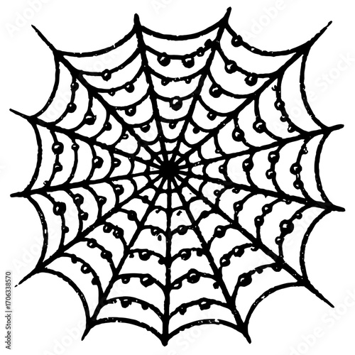 Vintage radial spider web illustration, intricately detailed with decorative beaded silk strands, presented in a stark black and white line art style. Perfect for Halloween, nature themes, or graphic