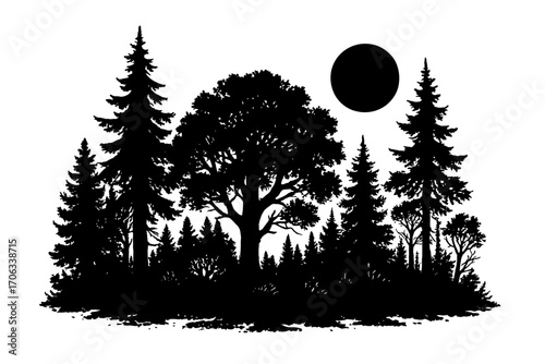 Black silhouette of forest, pine trees, deciduous tree, dark moon. Vector art depicting tranquil nocturnal wilderness scene. Ideal for nature-themed graphic design, wall art, and digital projects, ins