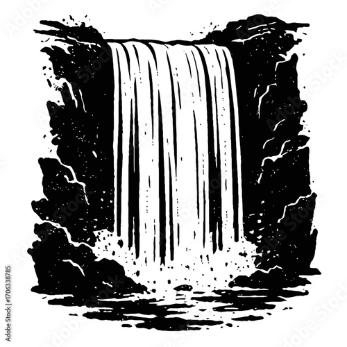 Black and white vintage illustration of a powerful waterfall cascading over rugged cliffs into a splashing pool, showcasing the serene yet dynamic beauty of nature's flow. An iconic scene perfect for