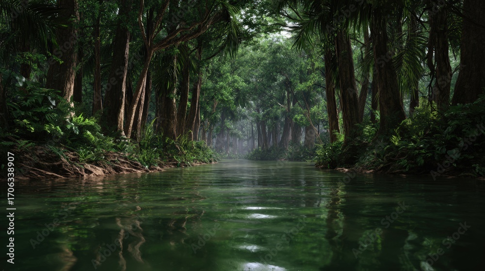 Obraz premium Lush Jungle River with Dense Green Foliage and Misty Atmosphere