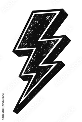 Bold black distressed lightning bolt icon, 3D outlined with grunge texture. A powerful electric flash symbol representing raw energy, speed, and vintage style. Perfect for rock music, energetic brandi