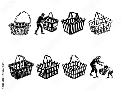 Collection of hand drawn shopping baskets with people