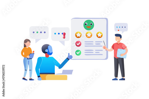 Team collaborating on a project involving a robot and a digital board with checklist and star ratings, symbolizing teamwork and ai integration in business